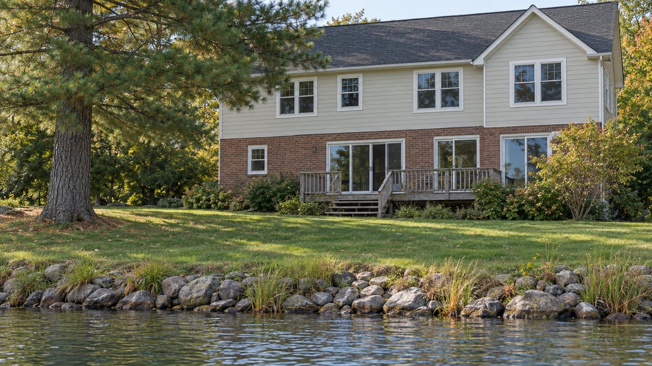 Two-story cream-sided lake house with a gray timber deck, sloping lawn, pine tree, and stone shoreline.