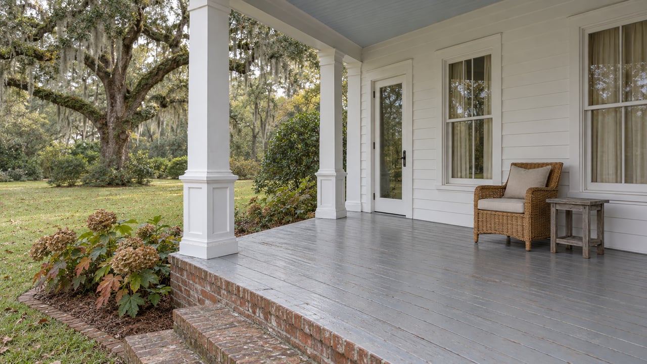 White timber home with a pale blue porch ceiling, woven chair, brick porch edge and a spreading moss-draped live oak beyond the lawn.