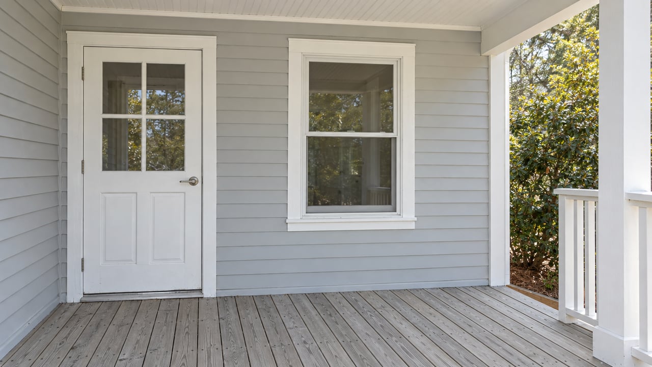 Pale gray clapboard entry beneath a white porch ceiling, with a glazed door, double-hung window and weathered wood decking.