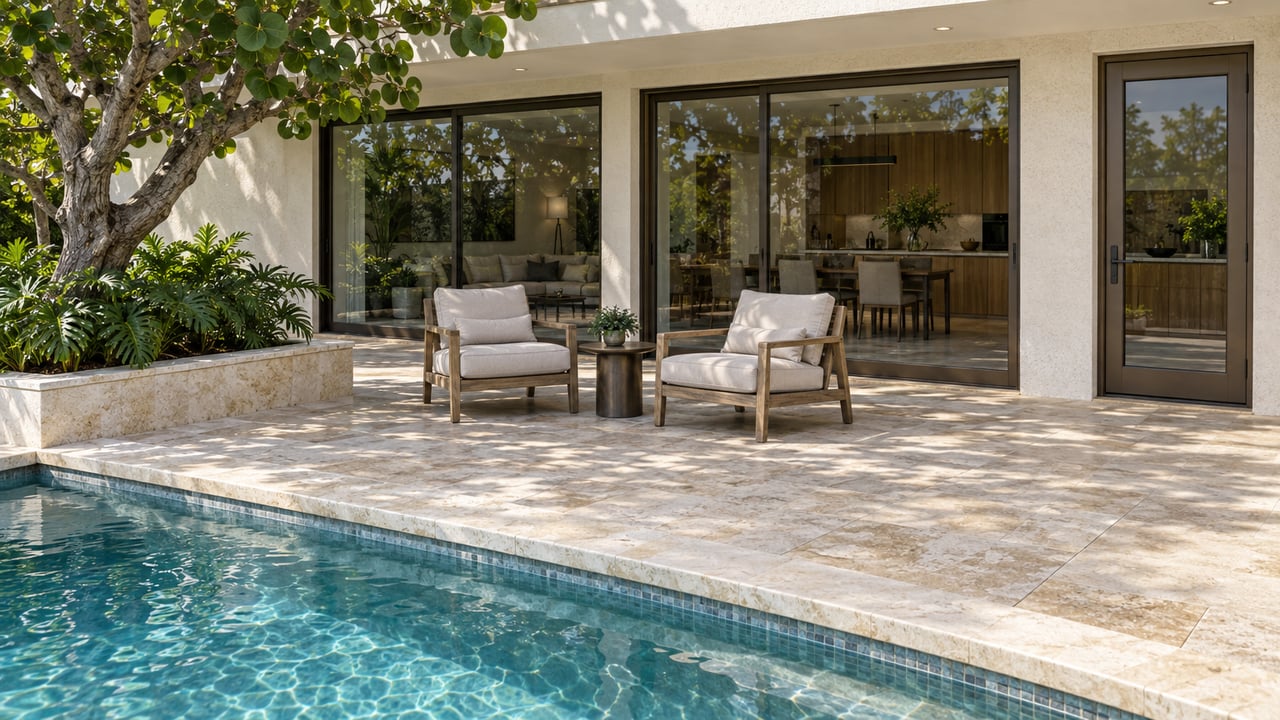 Modern home patio with a pool, pale stone deck, and glass doors opening to furnished living spaces.