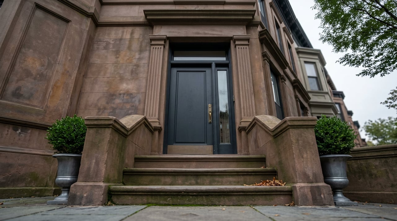 Brownstone rowhouse entrance, raised stoop, paneled door, fluted pilasters, and urns of clipped boxwood.
