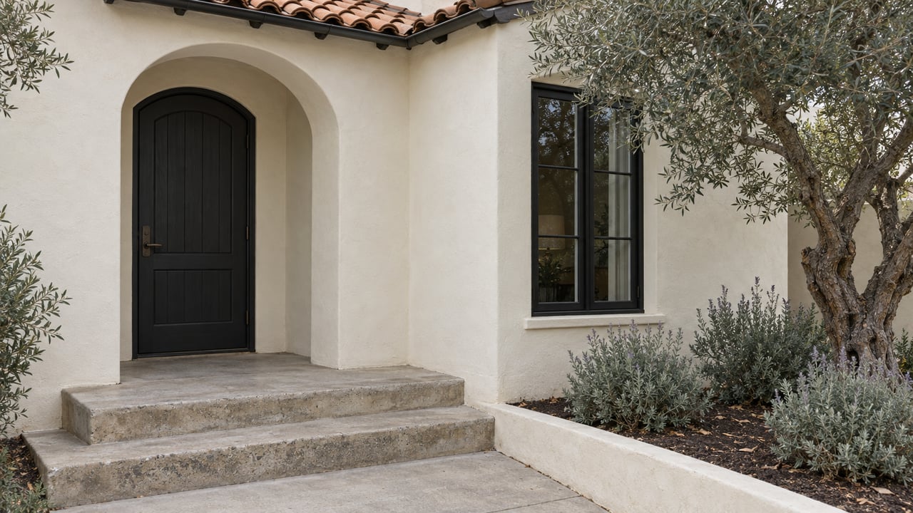 Cream stucco house with a recessed arched black door, tiled eave, and olive tree beside concrete steps.