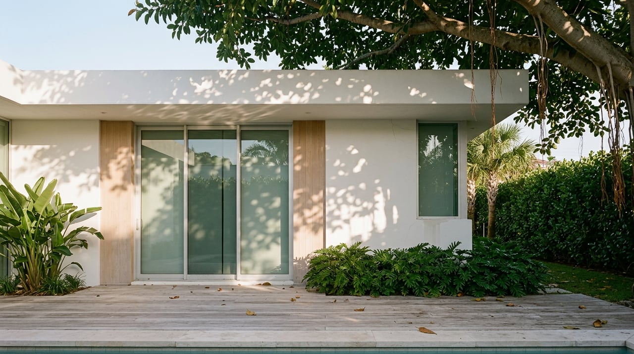 White-plaster house and glass doors beneath a fig canopy, with pale wood decking and turquoise pool water.