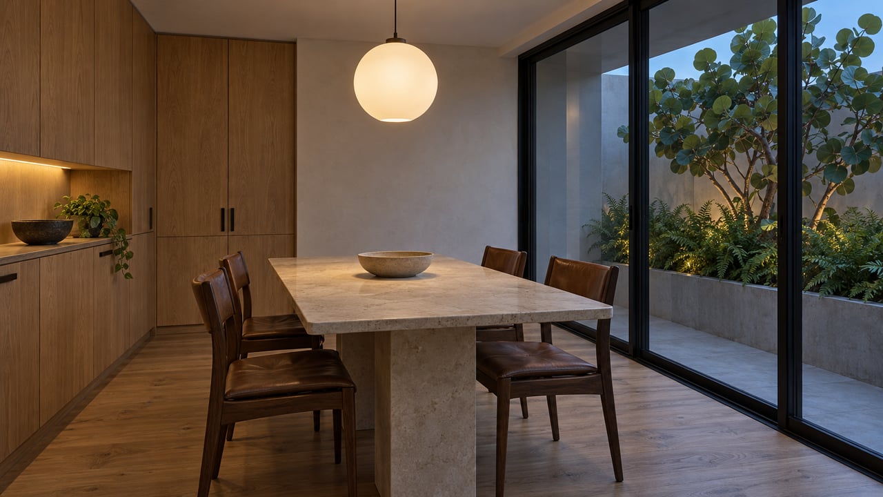Modern residential dining alcove with a limestone table, oak chairs and cabinetry, and closed glass doors facing a planted terrace at dusk.