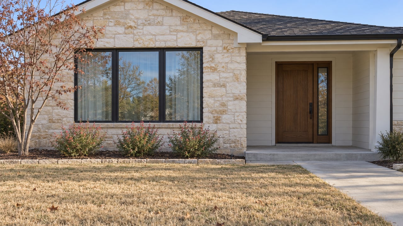 Afternoon light on a limestone-and-white-sided home, with a stained wood entry, dormant front lawn and a copper-leaved redbud.