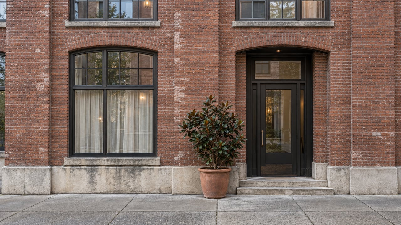Weathered brick residential warehouse facade with tall bronze-framed windows, a recessed doorway, limestone steps and one potted magnolia.