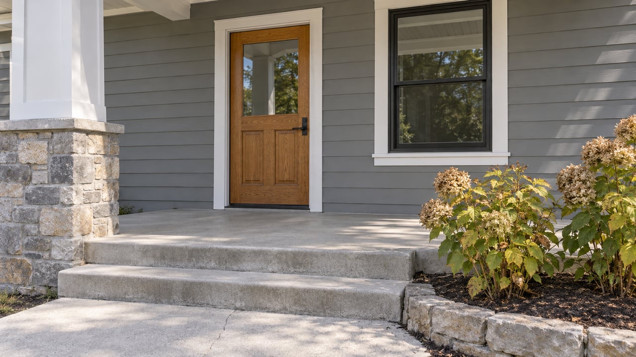 Gray clapboard home entrance with an oak glazed door, limestone porch support, concrete steps and two hydrangeas with autumn foliage.