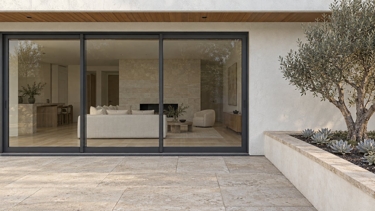 White stucco home with a timber soffit, closed sliding glass doors and limestone terrace beside a raised olive and dudleya bed.