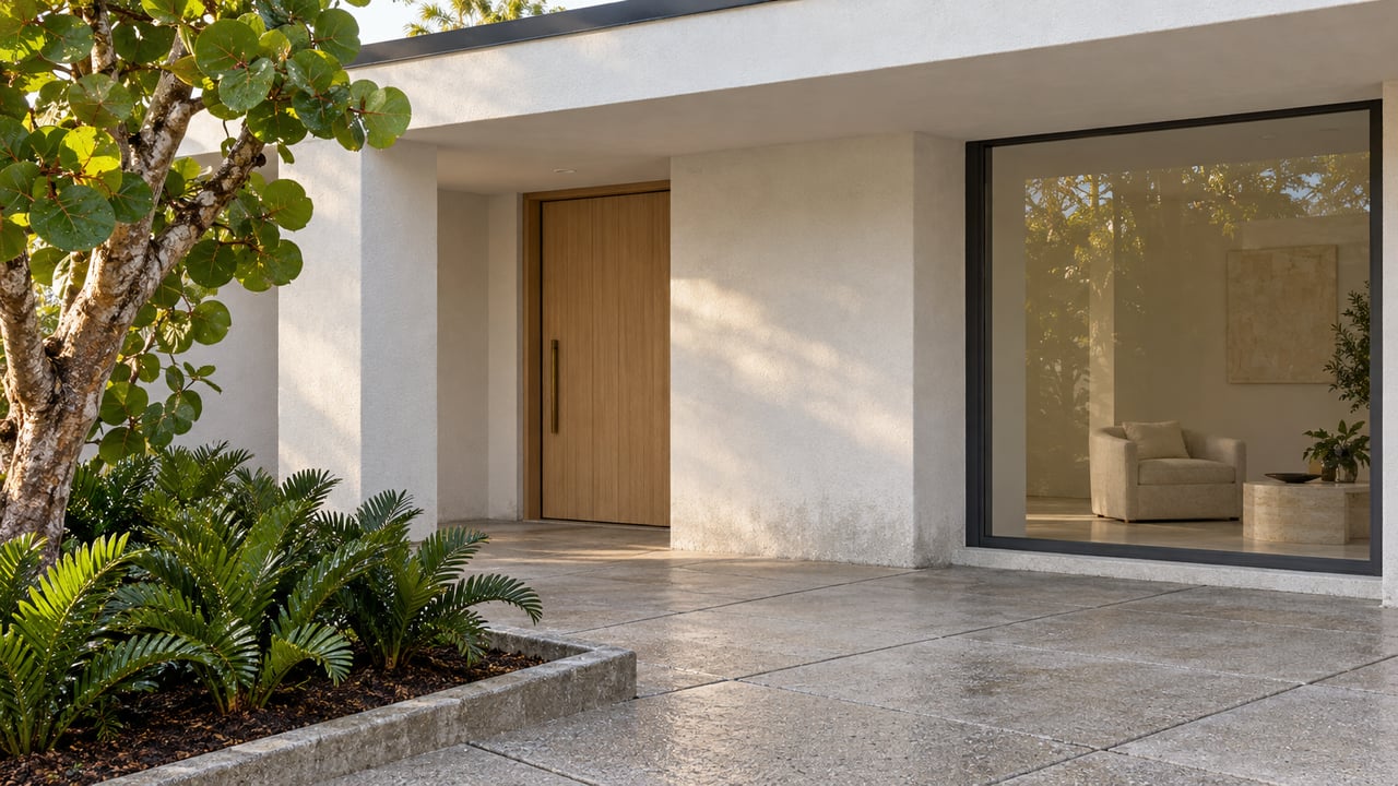 White stucco home entrance with a sheltered pale oak door, charcoal-framed window, concrete terrace and sculptural sea grape planting.