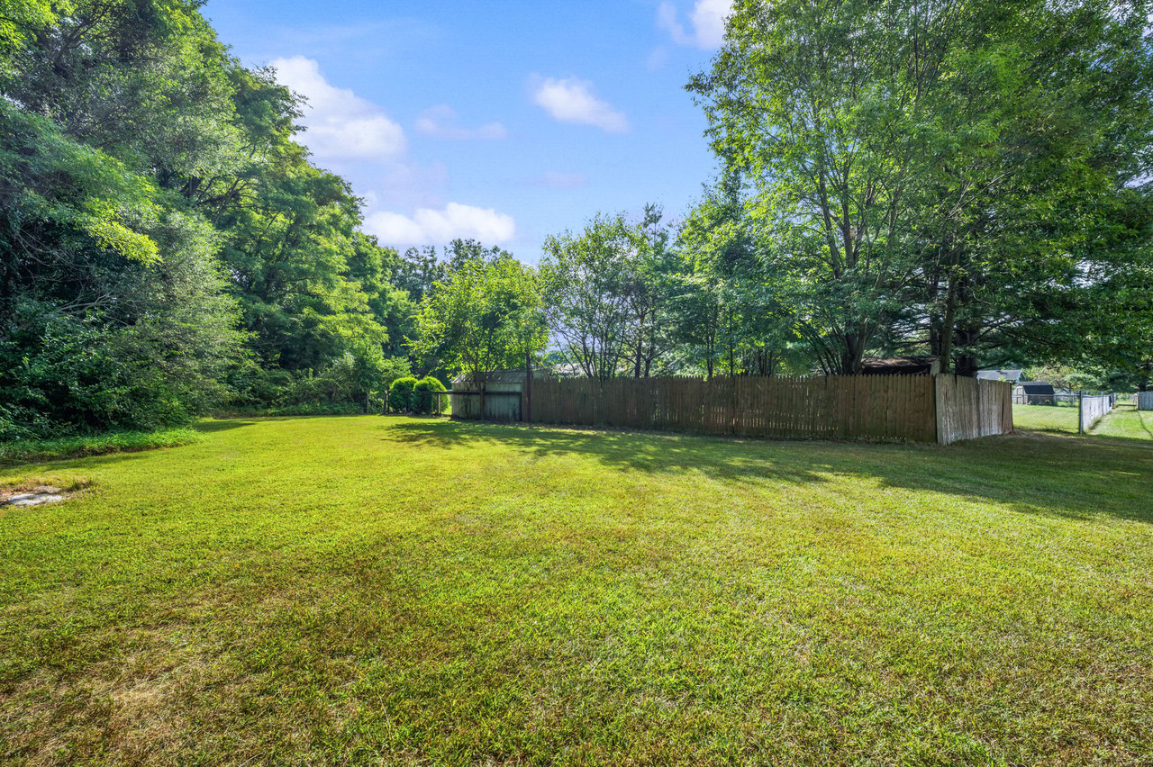Spacious backyard lawn bordered by mature trees and a long wooden privacy fence.