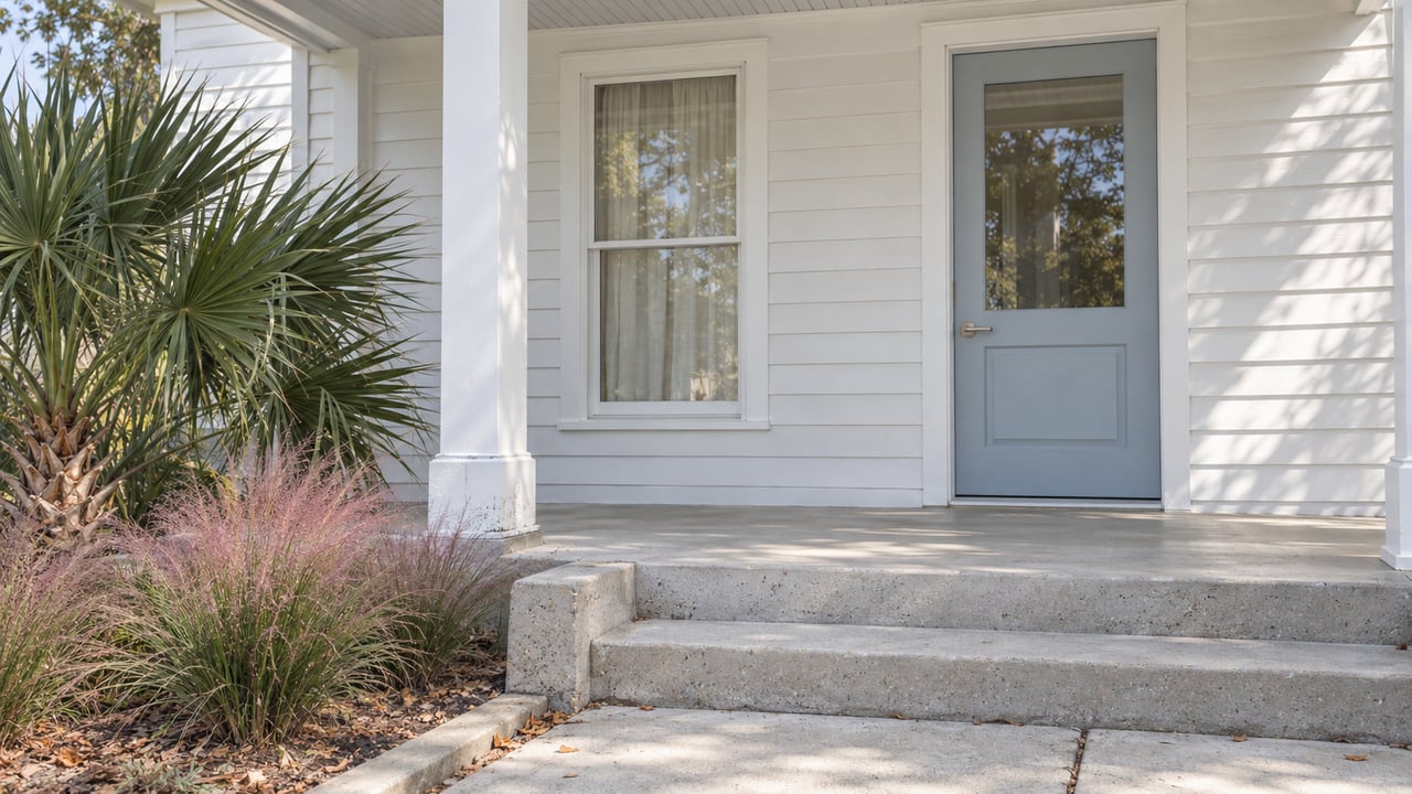 White-sided coastal home entrance with a pale blue-gray glazed door, concrete porch steps, a specimen saw palmetto and pink muhly grass.