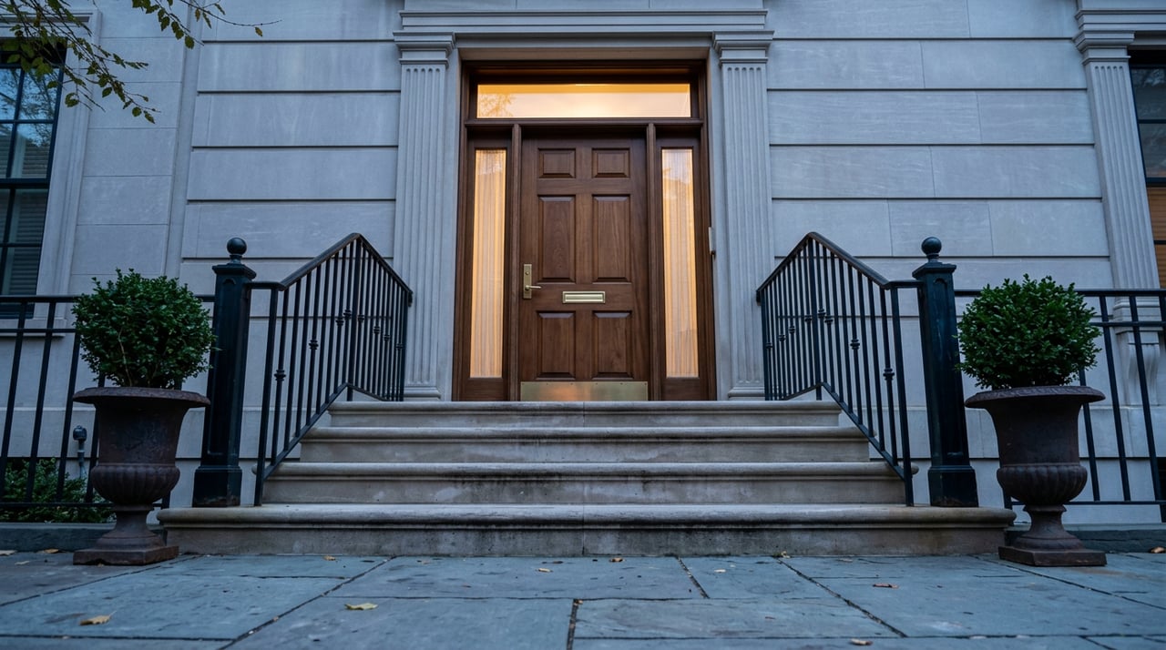 Limestone townhouse stoop with iron railings and a walnut door glowing warmly through glass sidelights.