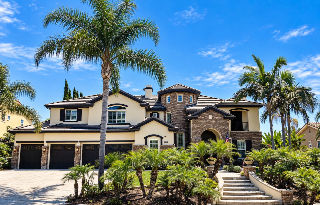 Two-story cream stucco home with a stone entry tower, three-car garage, and palm-lined landscaping.