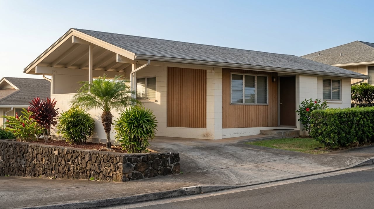 Mid-century split-level home with a carport, jalousie windows, lava-rock wall, and tropical planting beside a sloped driveway.