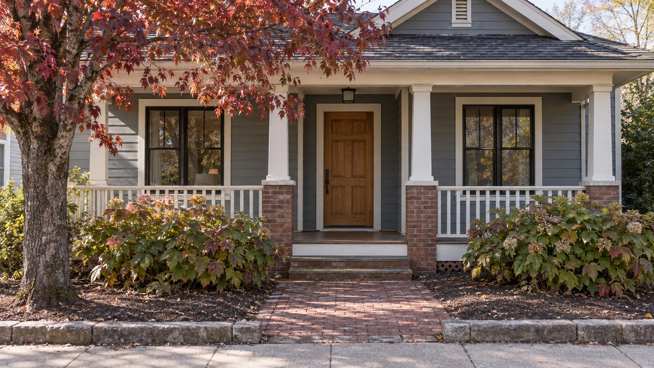 Blue-gray house with a covered porch, oak door, black-framed windows, brick path, and red-leaved tree.