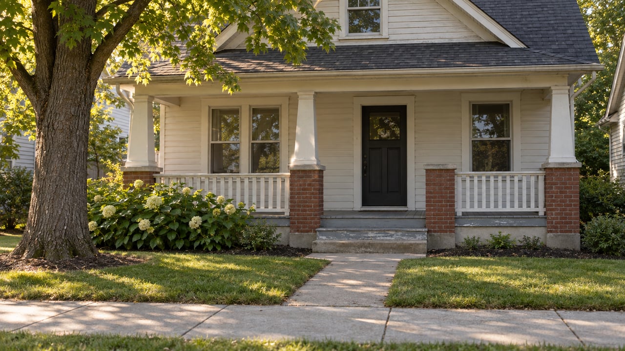 Older ivory clapboard house with a red-brick porch, concrete walkway, and maple tree casting leaf shadows.