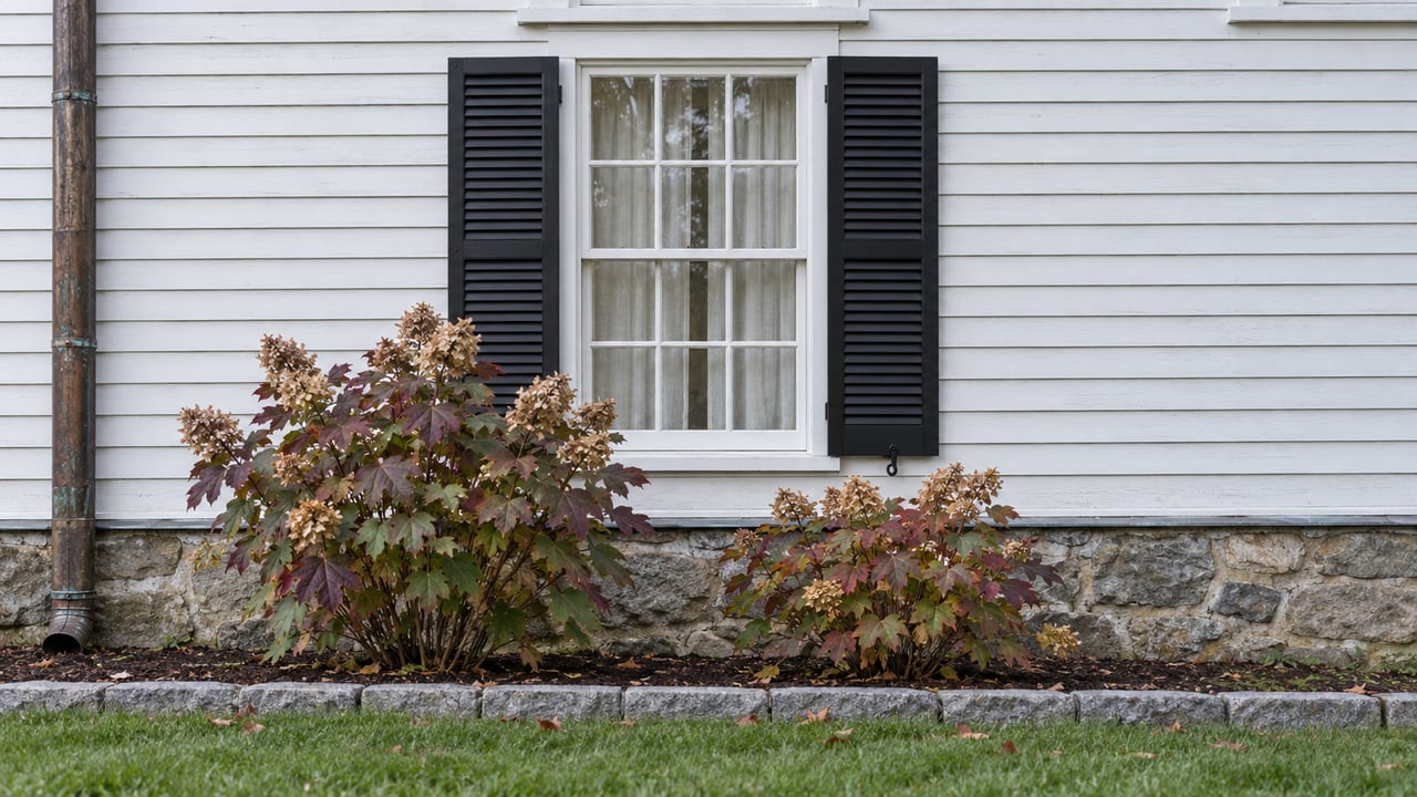 White clapboard facade with a tall divided-light window, paired black shutters, fieldstone foundation and burgundy oakleaf hydrangeas.