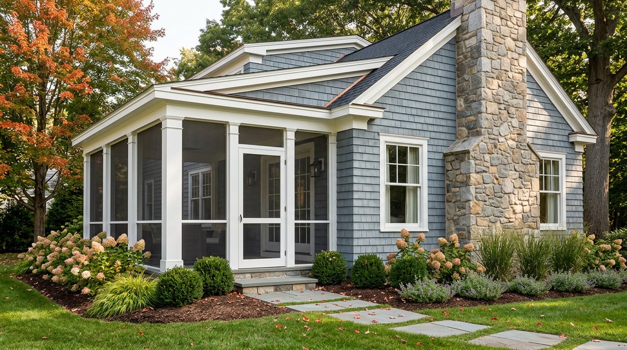 Screened porch beside a blue-gray shingle wall and fieldstone chimney, framed by early-autumn trees.