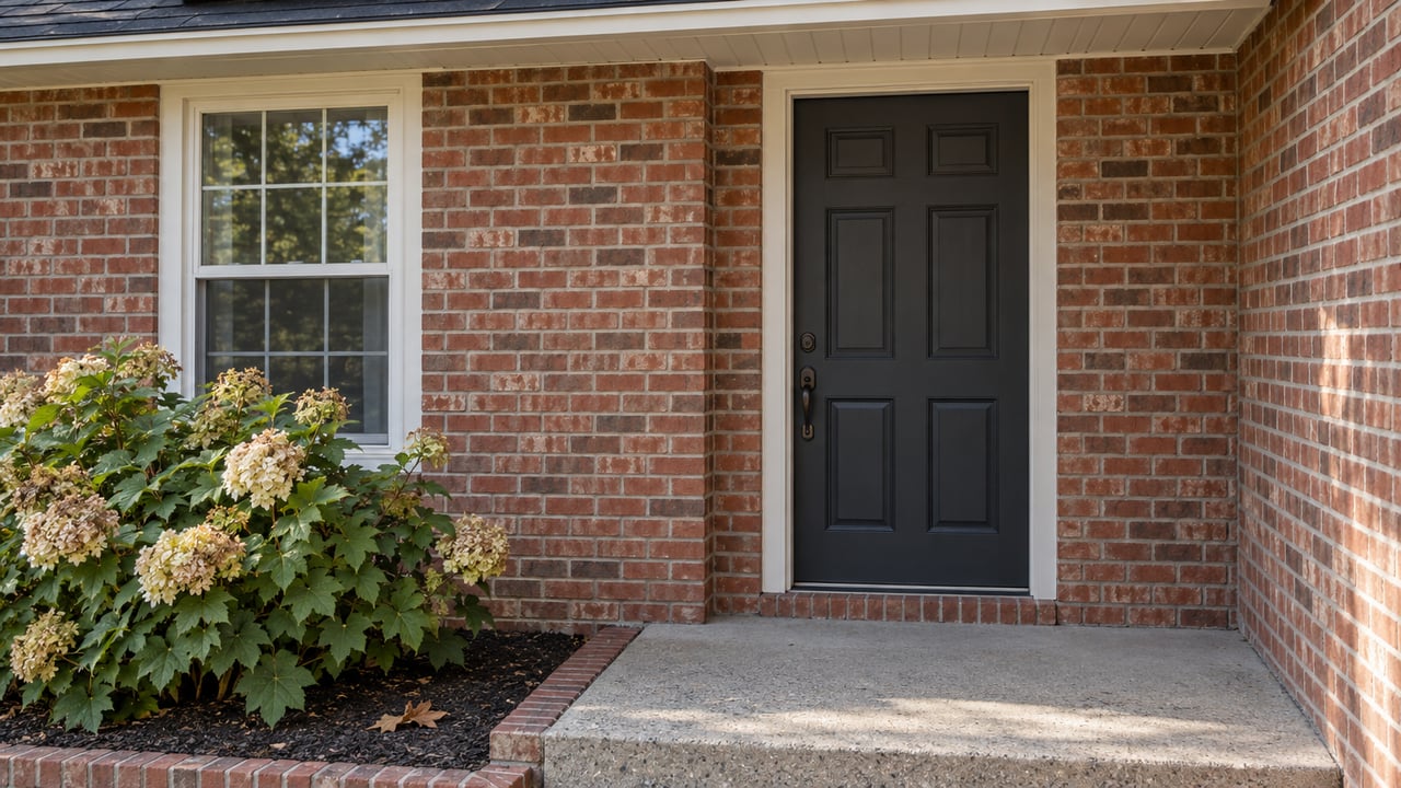 Brick house entrance with a dark paneled door, white-trimmed window, concrete steps, and an oakleaf hydrangea.