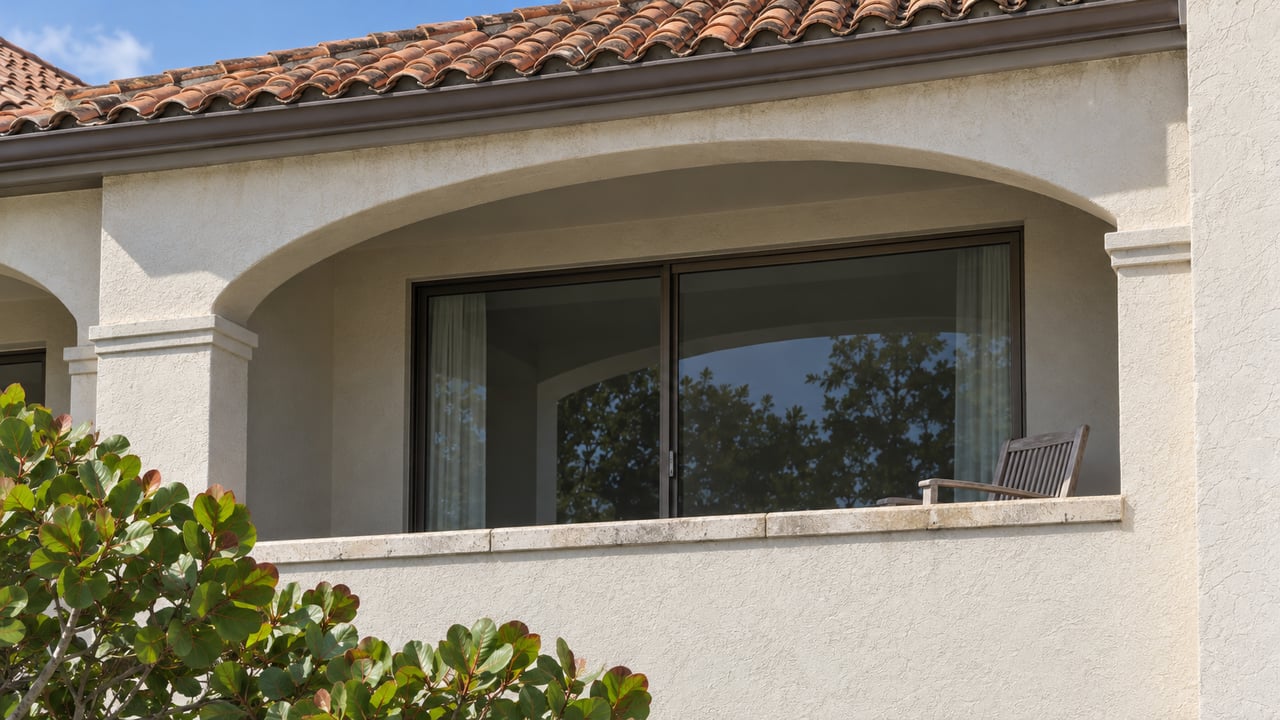 Sunlit arched balcony with warm-white stucco, terracotta roof tiles, bronze-framed sliding glass doors and sea grape leaves in the foreground.