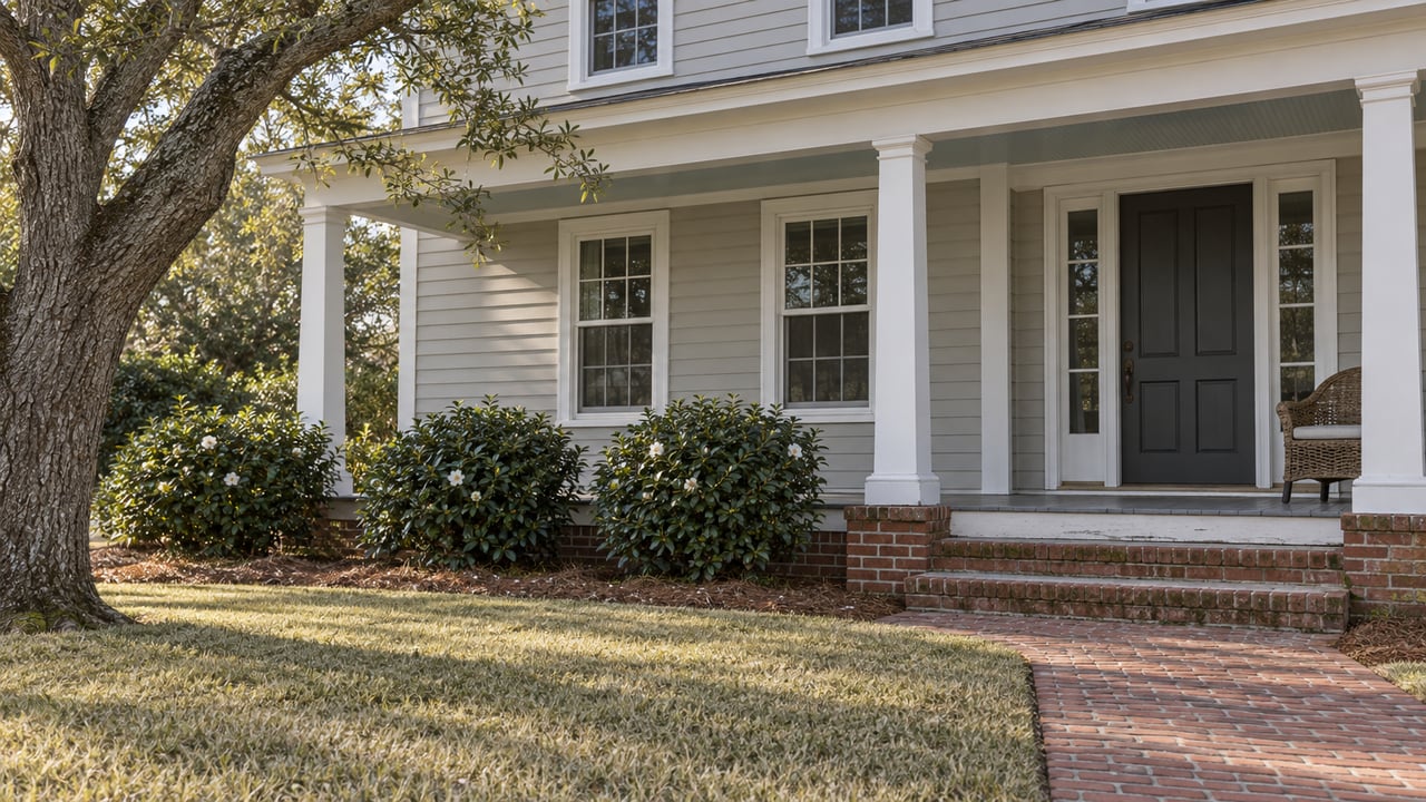 Pale-gray clapboard home with a white-columned porch, brick steps and a generous lawn beneath a spreading evergreen oak.