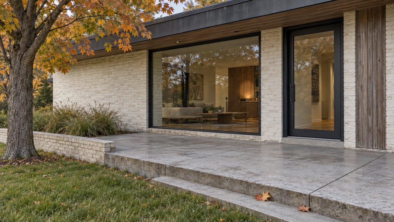 Cream brick house with glazed entry and cedar panel beside an autumn maple and concrete terrace.