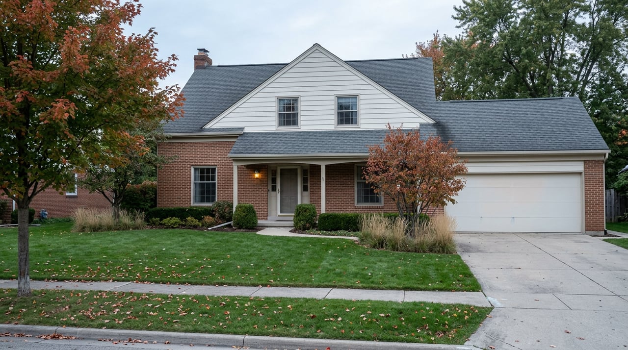 Two-story brick-and-siding suburban home with a deep lawn, concrete driveway, and red-orange maple leaves.