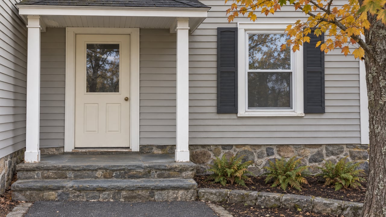 Covered residential entry with gray clapboard, cream door, paired white posts, bluestone steps, and amber maple leaves.