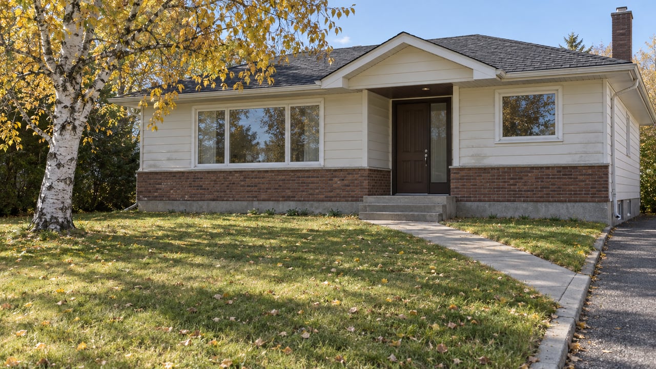 Cream-sided bungalow with a brick base, concrete front walk, broad autumn lawn and a yellow-leaved white-barked birch.