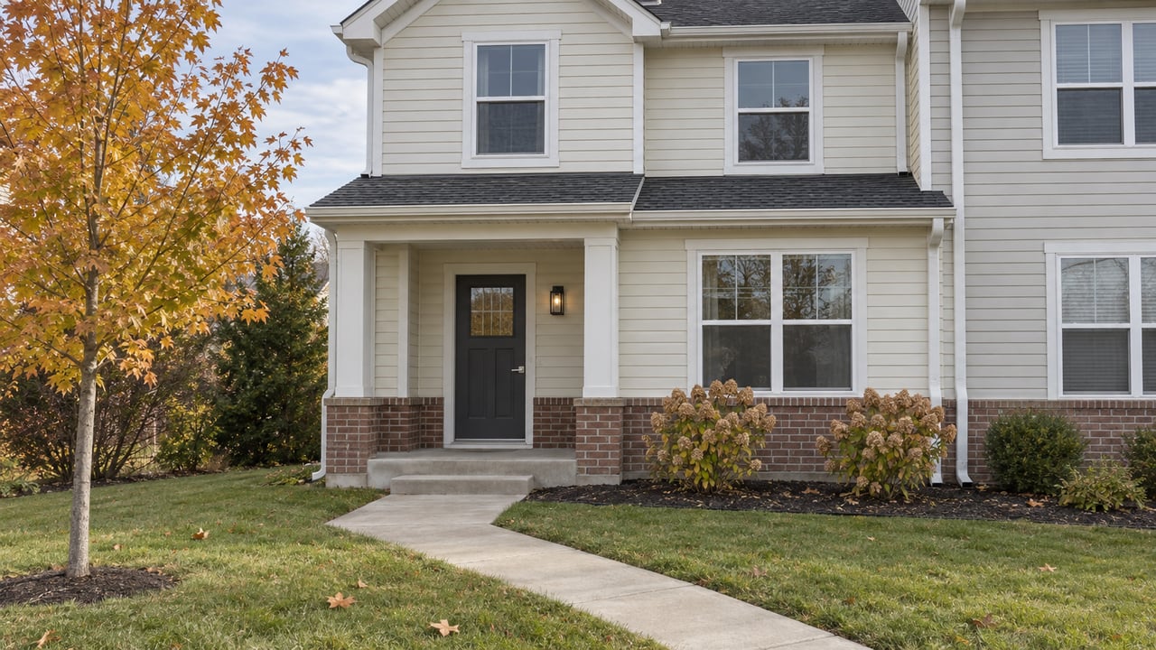 Ivory-sided townhome entry with red-brown brick base, concrete approach, autumn hydrangeas and a small amber maple.