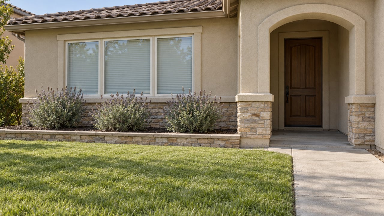 Beige stucco home with a brown tile roof, recessed arched entrance, stone wainscot, and a green front lawn beside a concrete walk.