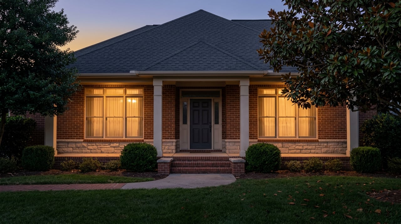 Brick home with a covered entry, warm glowing windows, and evergreen trees framing the roof at dusk.