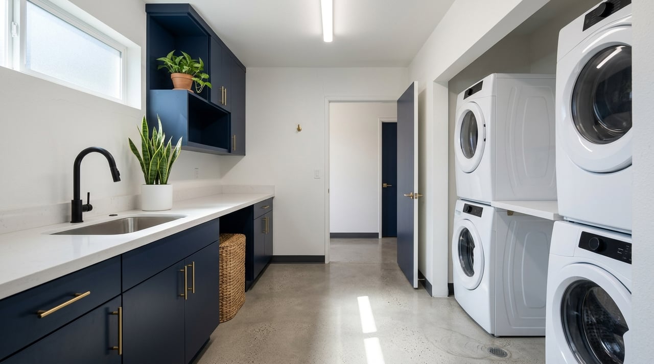 Renovated multifamily laundry room with white front-load machines, navy cabinetry, and brass hardware.