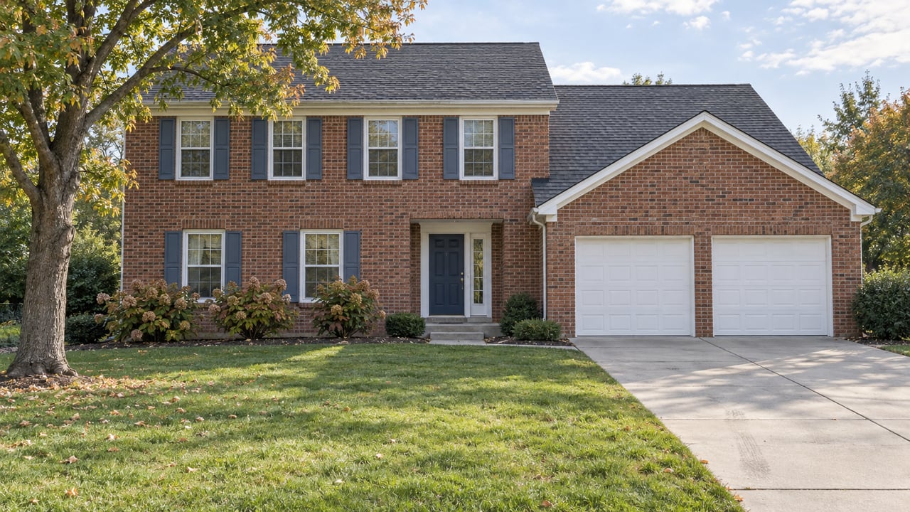 Two-story red-brick home with blue shutters, a broad lawn, a mature maple, and a gently worn concrete driveway.