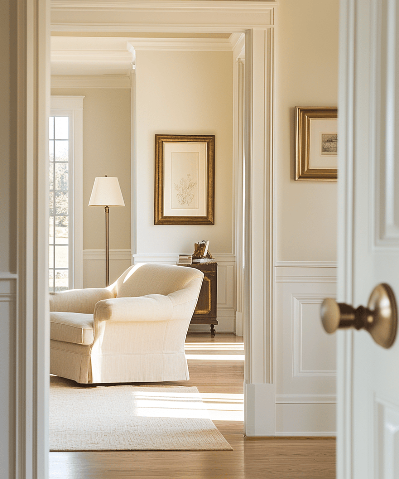 Living room with a cream armchair, tall window, framed artwork, and paneled walls, viewed through an open doorway.