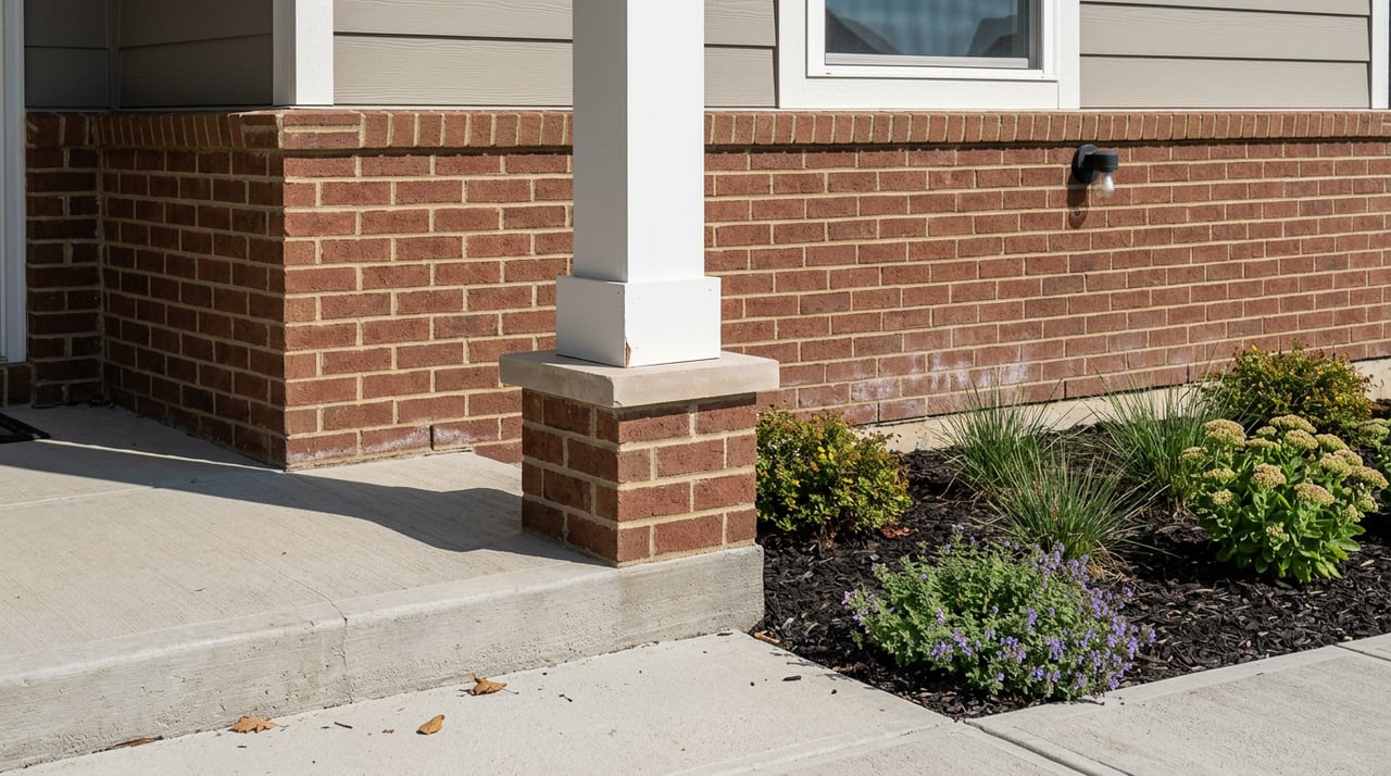 White porch post beside a red-brown brick wainscot, with a concrete stoop and low shrubs.