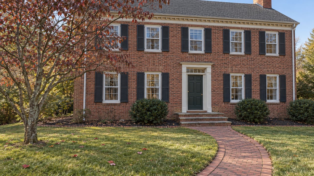 Traditional red-brick home with white sash windows, dark shutters, a curving brick walk, and a burgundy-leaved dogwood beside a deep front lawn.