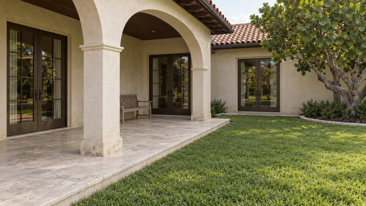 Cream stucco arches and terracotta tiles frame a limestone rear terrace beside a broad green lawn and a sculptural sea grape tree.