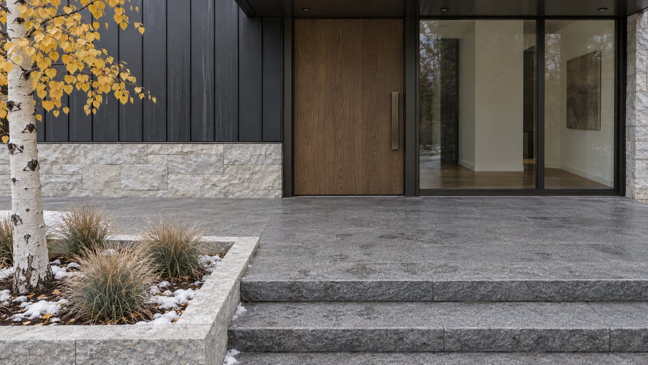 Dark metal siding and a sheltered oak entrance above granite steps, with limestone edging, an aspen trunk and small patches of snow.