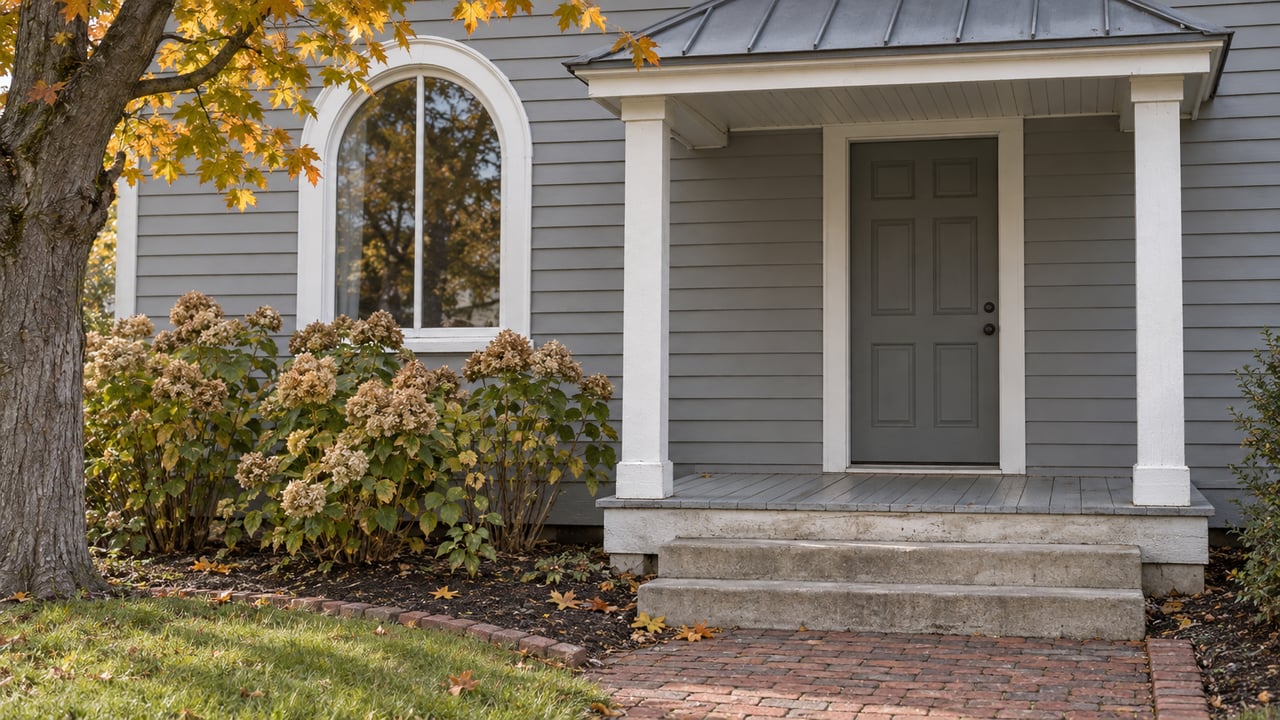 Gray clapboard cottage entry with white trim, an arched window, weathered brick approach and autumn maple leaves.