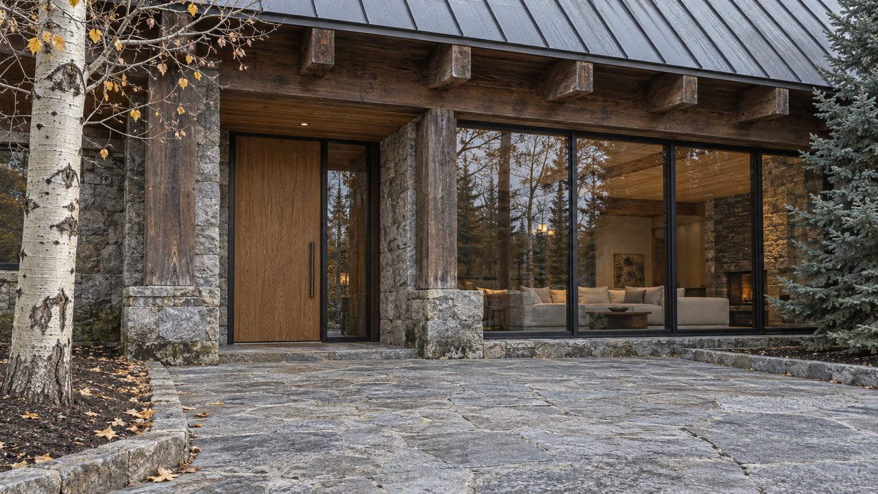 Timber and granite home entrance with closed oak door, steel-framed windows, and a broad stone approach beneath deep roof eaves.