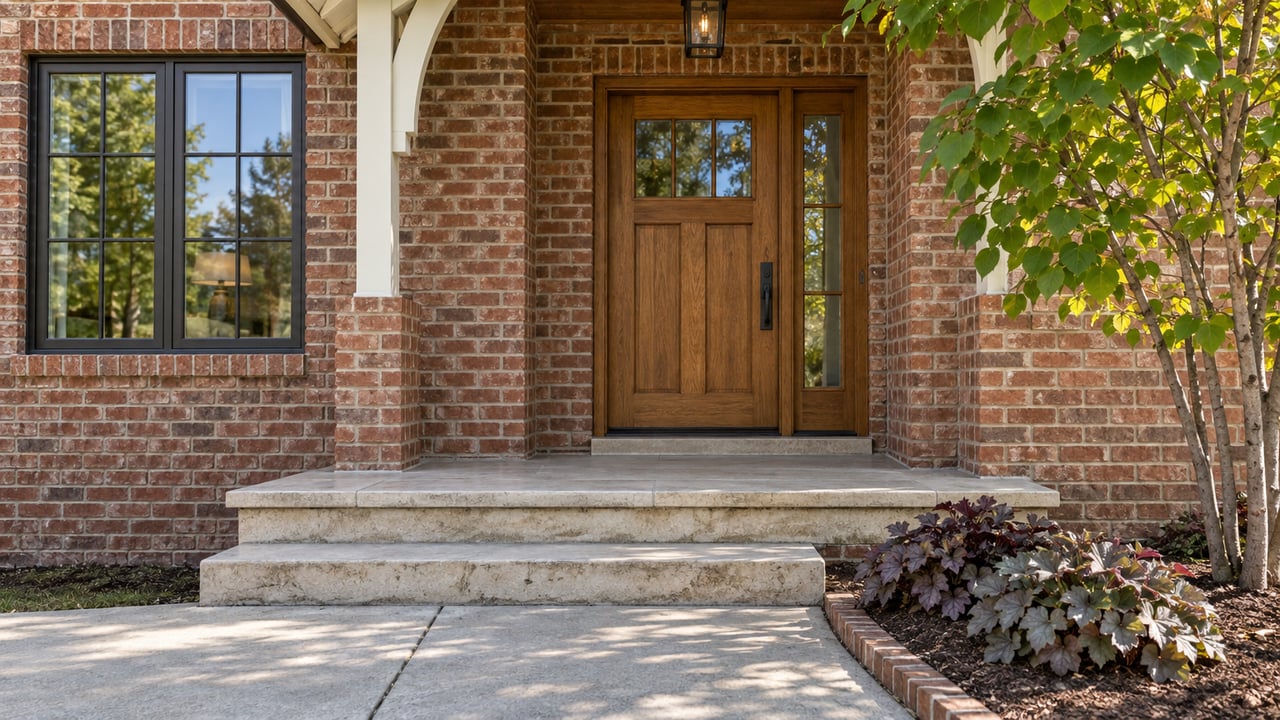 Brick home entry with a honey-brown oak door, limestone steps, and a planted bed at the right.