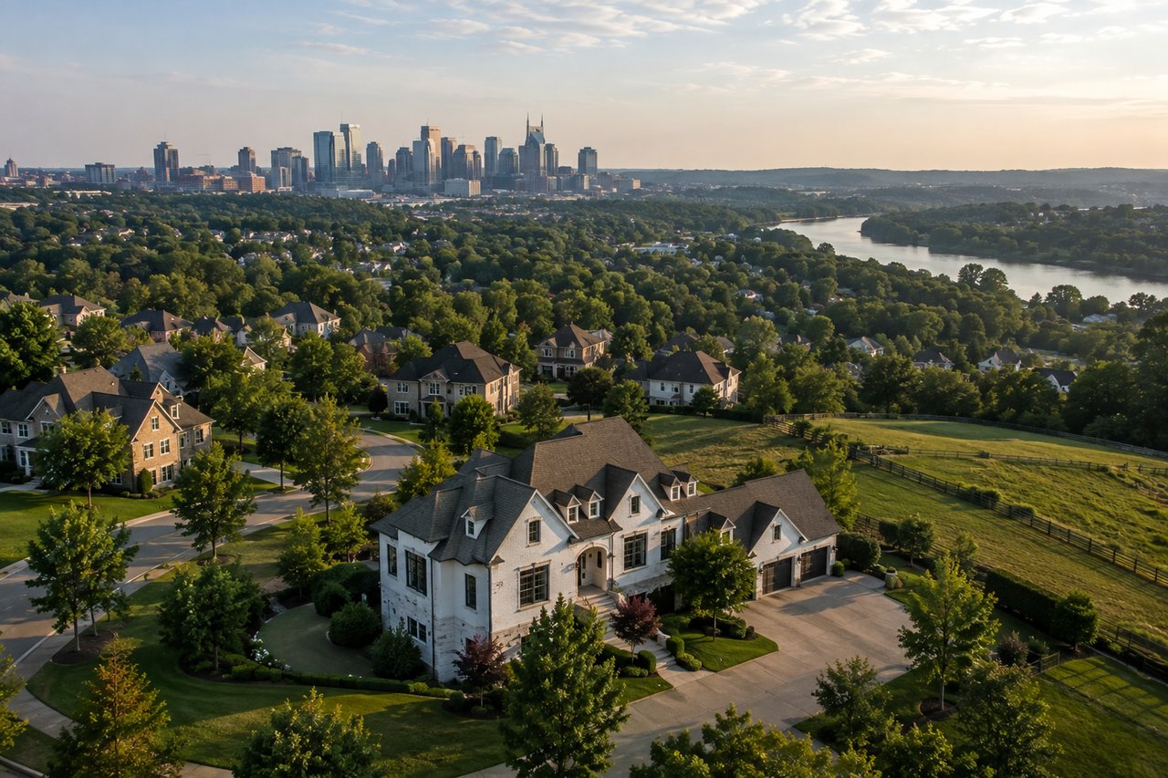 Aerial view of luxury homes and residential communities near Nashville, Tennessee, with rolling green hills, mature trees, and the Nashville skyline in the distance.