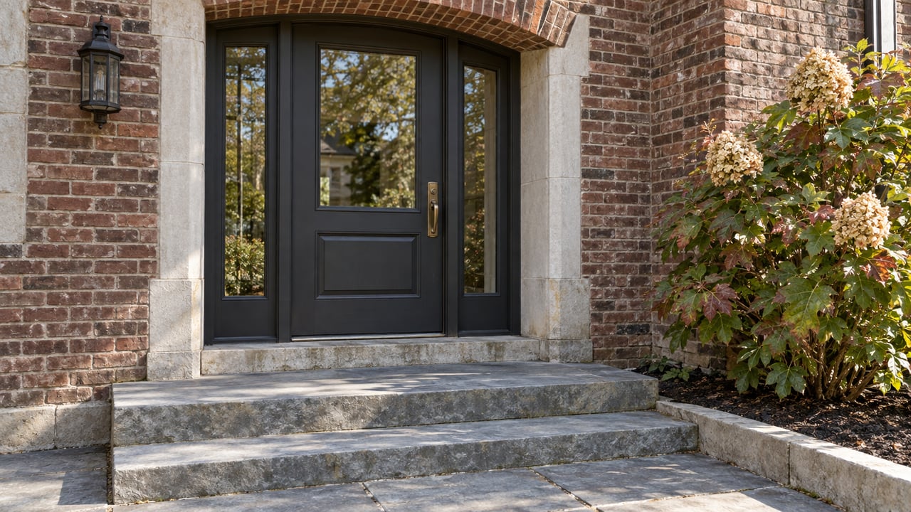 A red-brick home's recessed glazed entrance, limestone trim and worn bluestone steps beside an oakleaf hydrangea.
