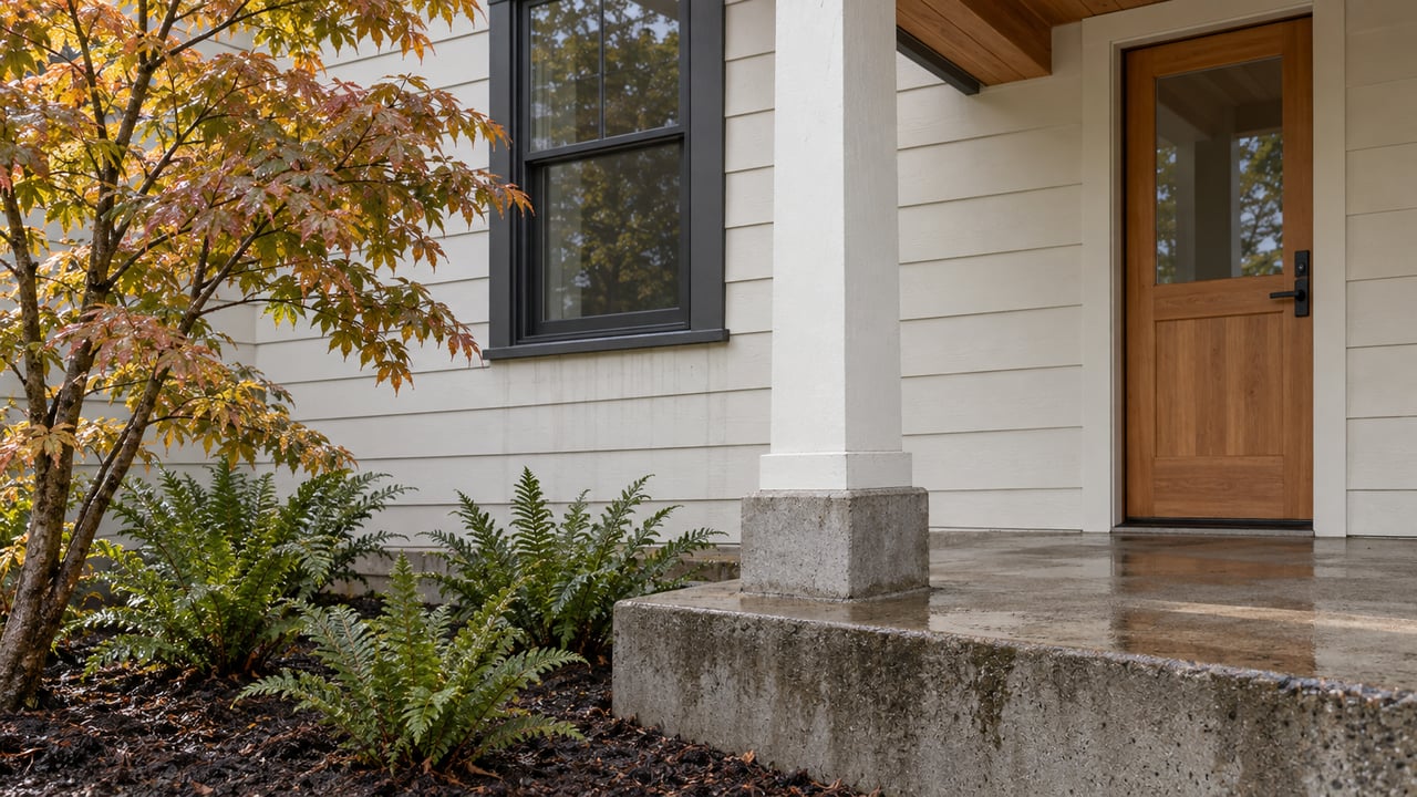 Close view of a light-sided home's covered entry, cedar door, concrete porch and autumn vine maple.