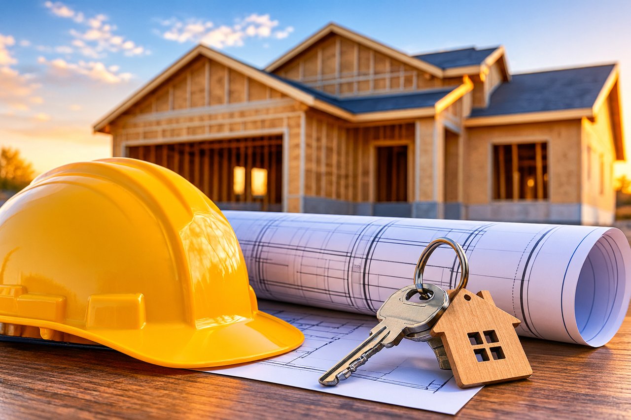 Wood-framed house under construction behind a hard hat, building plans, and keys.