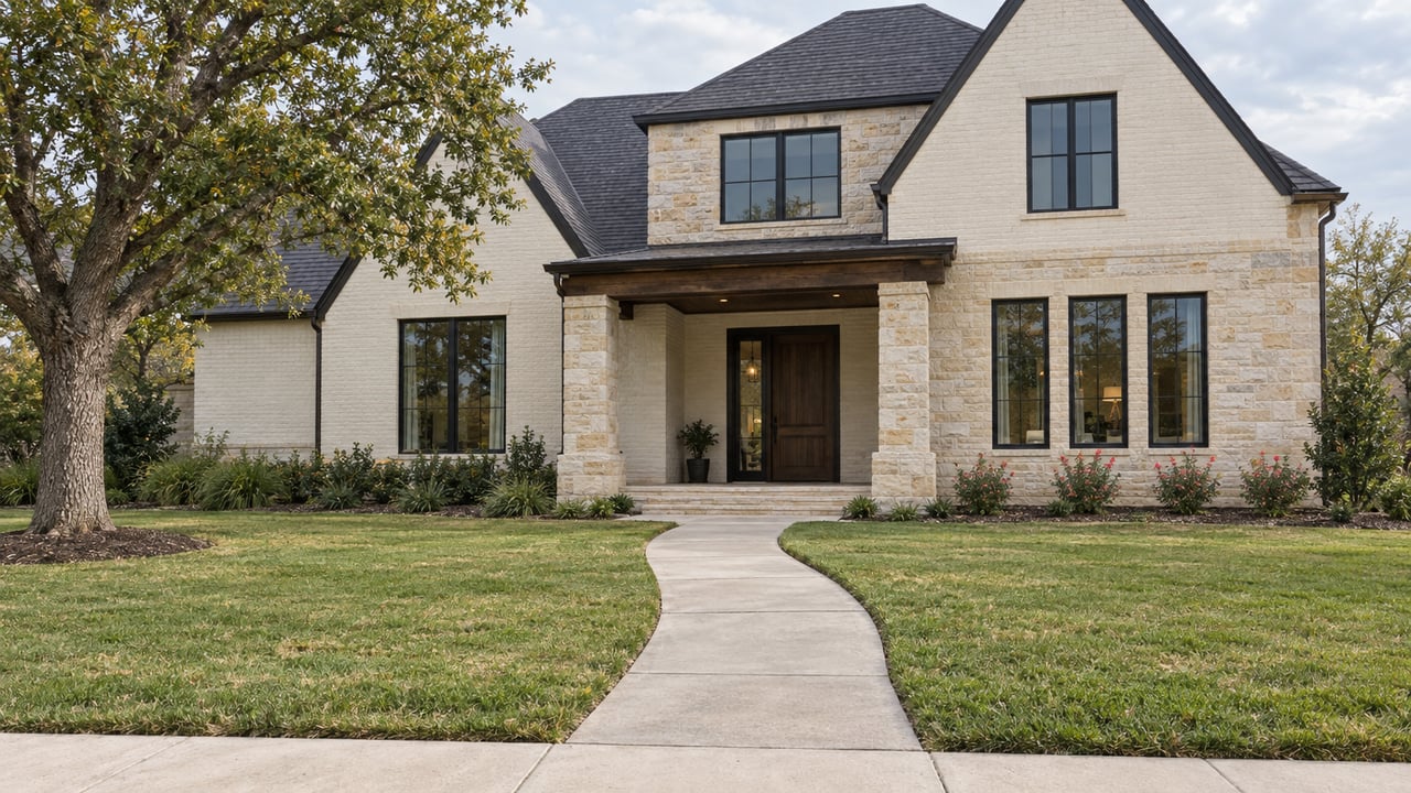Steep-gabled ivory brick and limestone home behind a deep lawn, with black-framed windows, a covered timber-beam entry and one mature oak.