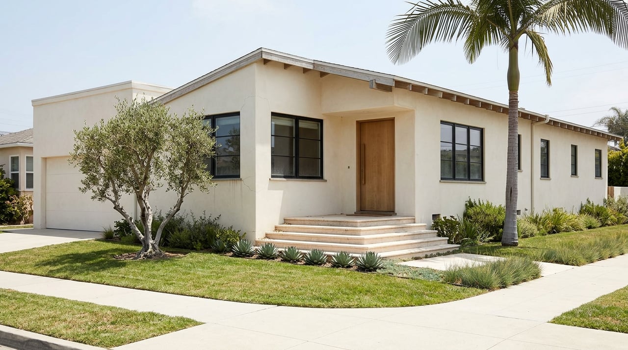 Cream-stucco home with black-framed windows, travertine entry stairs, manicured lawn, olive tree, and palm.