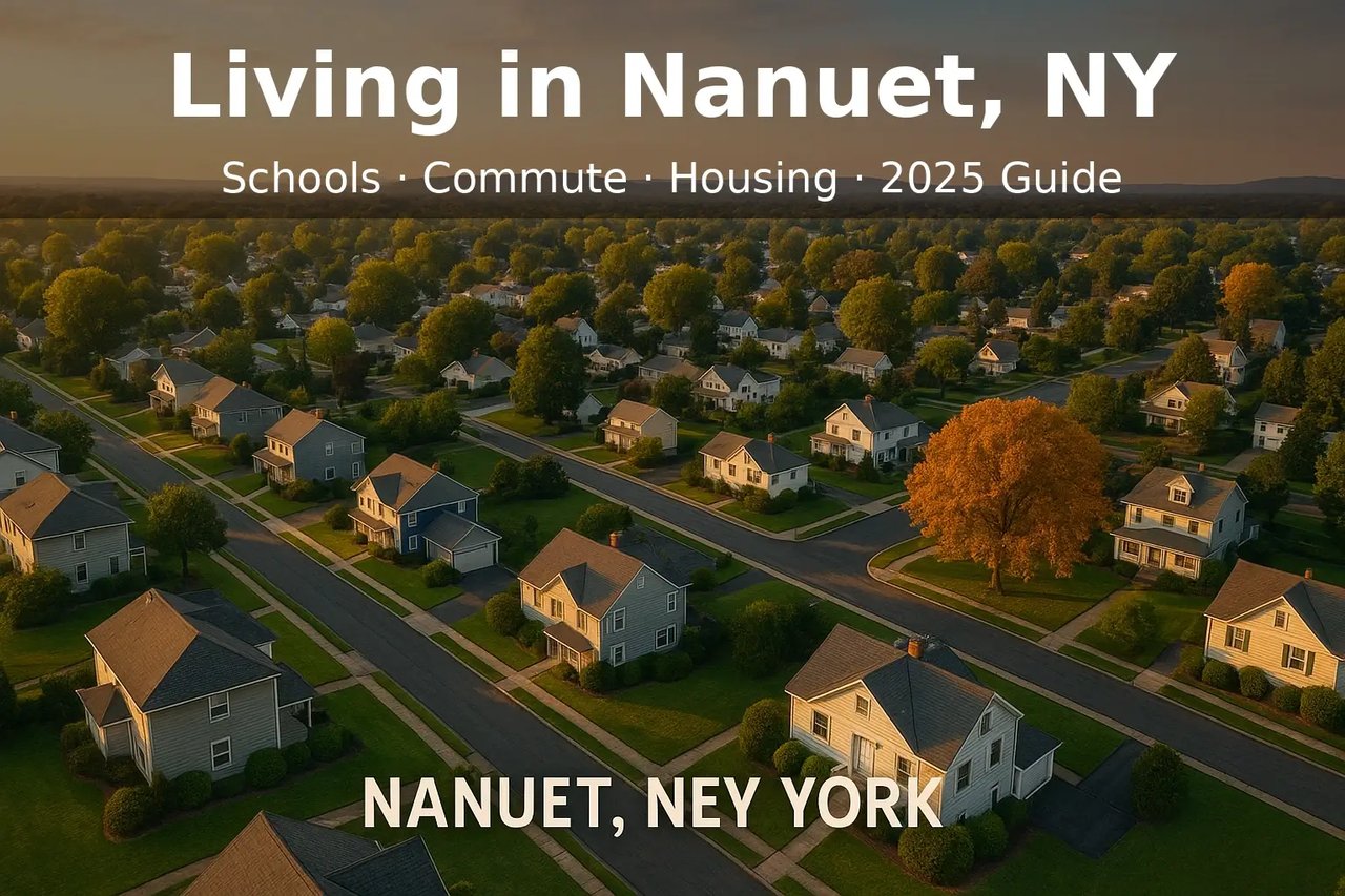 Aerial view of Nanuet, New York at golden hour showing tree-lined streets, colonial-style homes, and fall foliage, with overlaid headline text “Living in Nanuet, NY – Schools, Commute, Housing, 2025 Guide.”