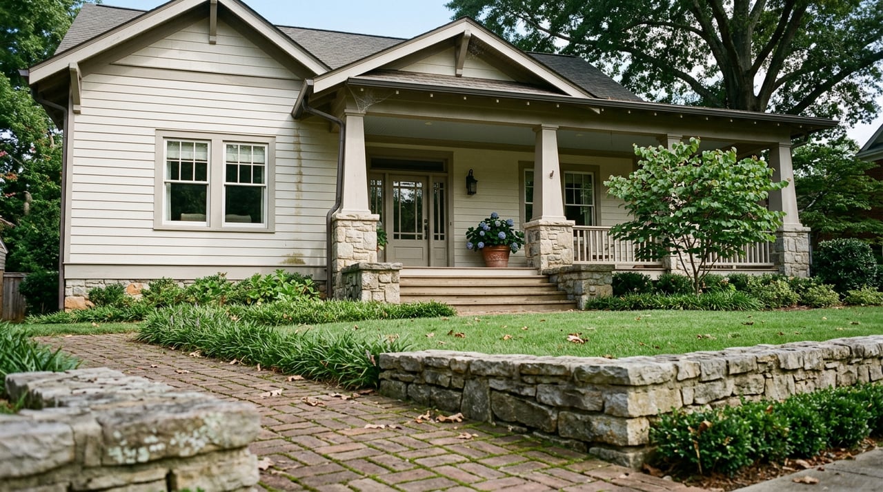 Craftsman-style house beyond a stone garden wall, with a brick walkway, broad lawn, covered porch, and mature trees.